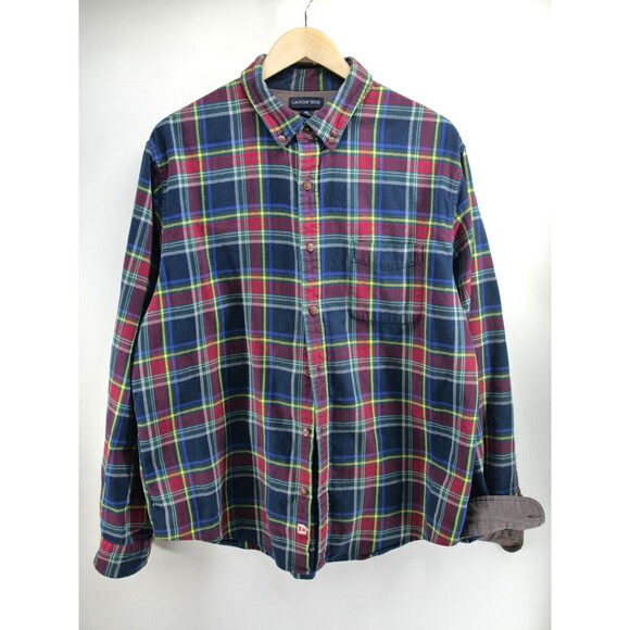 Flannel Shirt Plaid Button Cotton Lands End Size XL 17-17.5 Red Blue Tailored - Picture 1 of 7